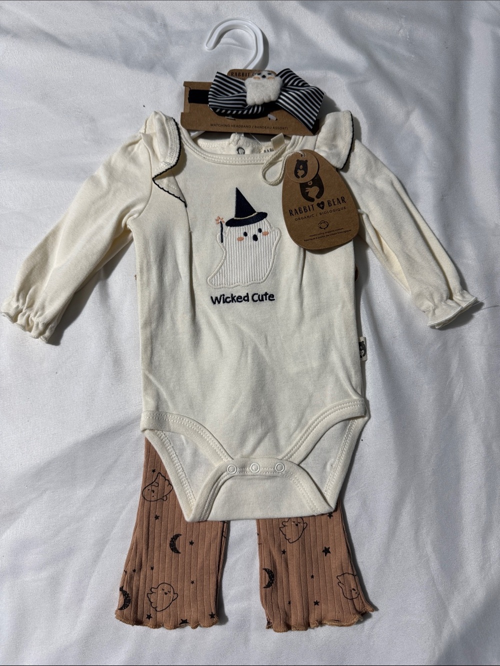 Rabbit + Bear Halloween Baby Outfit 3-Piece Set – 0-3M Organic Cotton Ghost Cozy